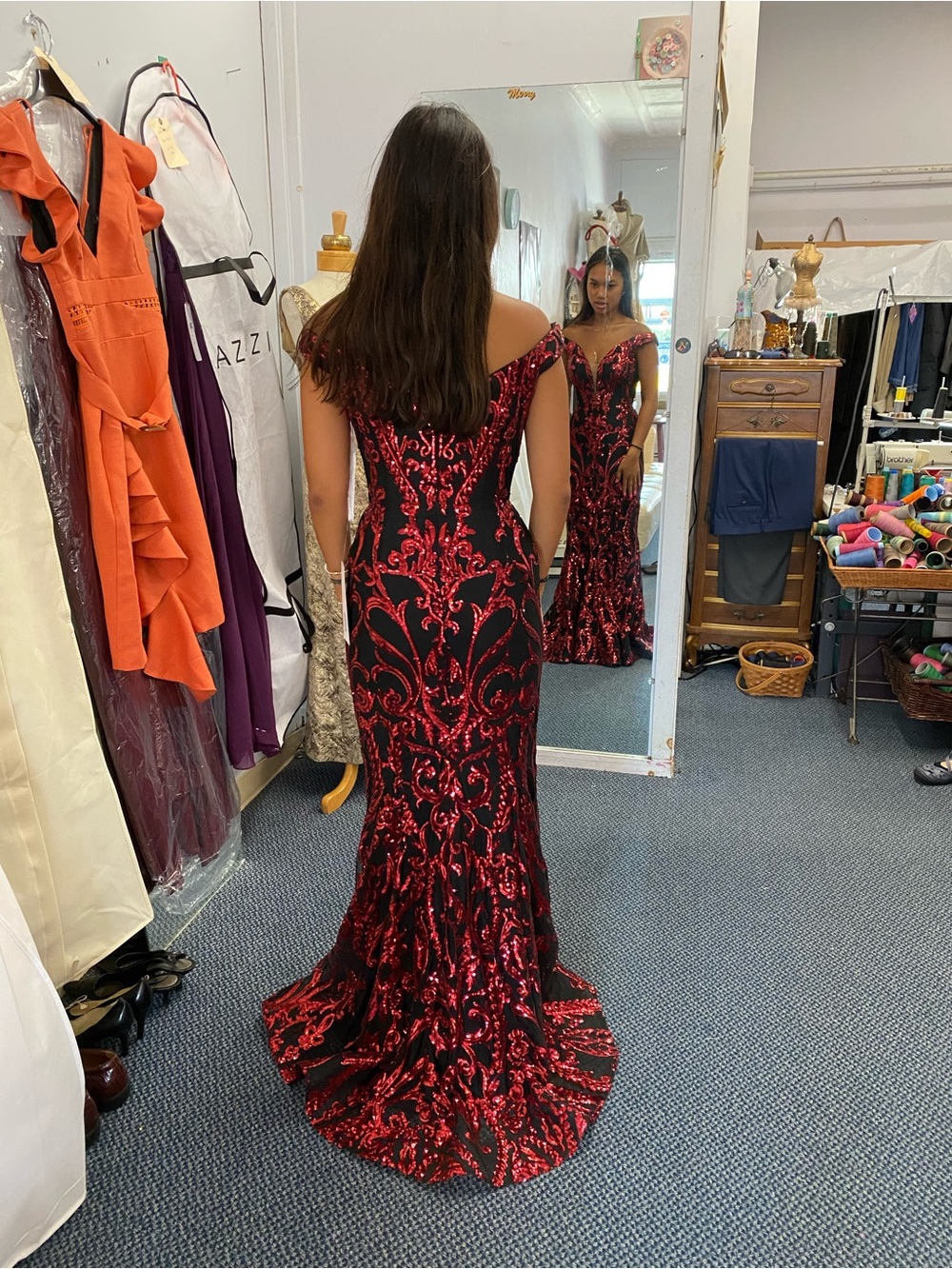 Off-Shoulder Red and Black Sequin Evening Gown